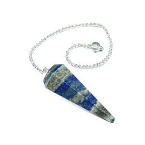 Vente en gros pierre naturelle thème mascotte de guérison Lapis Lazuli 6 facettes avec chaîne en argent pendule approvisionnement en vrac - Product Image 1