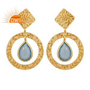 Blue Chalcedony Gemstone Earrings Indian Gold Plated Texture 925 Silver Designer Dangle Earrings Jewelry Wholesale - Product Image 1
