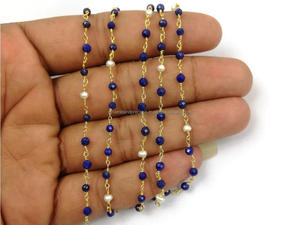 <strong>Lapis</strong> <strong>Lazuli</strong> and Pearl Gemstone Rosary <strong>Beaded</strong> Chain - Product Image 2
