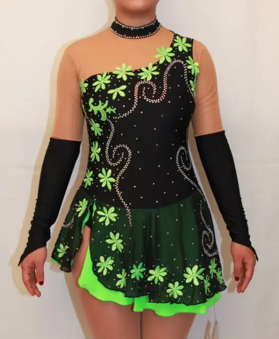 Lady Kid Unique Freestyle Dancesport and Carnival Black Green Long Sleeve Rhinestone Hotfix Flower Applique Dress