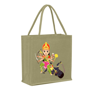 Bonita Bolsa De yute para comestibles impresa con asa tejida Durga Puja temporada hecha a mano en Bengala Occidental India - Product Image 4