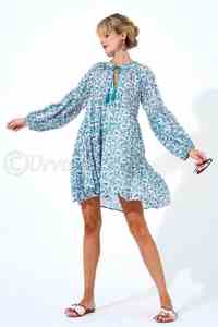 100% pur coton imprimé taille smocks robe courte pleine ballon manches avec volants encolure ajustée confortable robe courte - Product Image 3