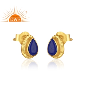 Tear Drop Lapis Lazuli Gemstone Earrings Gold Plated Designer 925 Silver Girls Stud Earrings Jewelry Supplier - Product Image 2