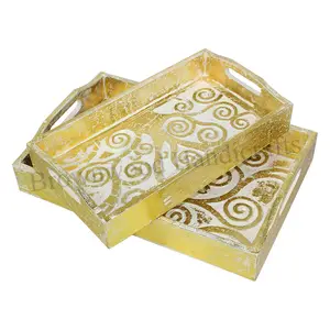 Gold White Finish Hand Carved Wooden Serving Tray Set For Serving and Decor Use From Verified Indian Manufacturer and Supplier