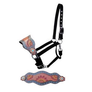 Premium Quality Adjustable Black Nylon Rope <b>Halter</b> With Hand Painted Sunflower Design & Buck Stitch Trim Wholesale Manufacturer - Product Image 1