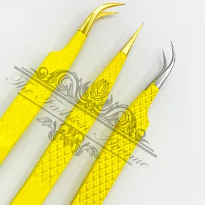Round And Straight Tip Tweezers Set For Eyelash Extension Yellow Color Gold And Silver Tip Diamond Grip Body With Custom Label