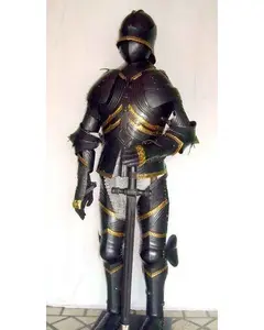 Setelan Ksatria Abad Pertengahan Armor/Baju Besi Templar Tempur Seluruh Badan Baju Besi Berdiri dengan Garis Kuning