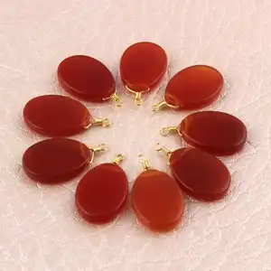 Good Quality Natural Red Carnelian Egg Shaped Diy <b>Pendant</b> Connector Flat Smooth 17x12mm Brass Gold Plated Single <b>Bail</b> Connector - Product Image 1