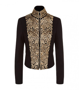 Blazer de lana bordado con hilo metálico, cruzado, formal, gótico/victoriano, de sarga marina con elastano - Product Image 1