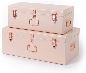 Beautify Blush Pink Vintage Style Steel Metal Storage Trunk Set Lockable and Decorative with Rose Gold Handles