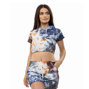 Haut court à capuche avec short, ensemble de Fitness en Polyester Slim, nouvelle collection été 2019 - Product Image 1