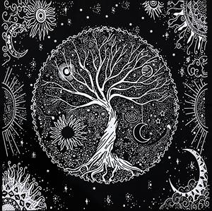 Celestial Tree Of Life Square Wall Hanging Tapestry Black <b>Silver</b> Cotton Altar <b>Cloth</b> Printed for Table Cover By Indian Consigners - Product Image 1