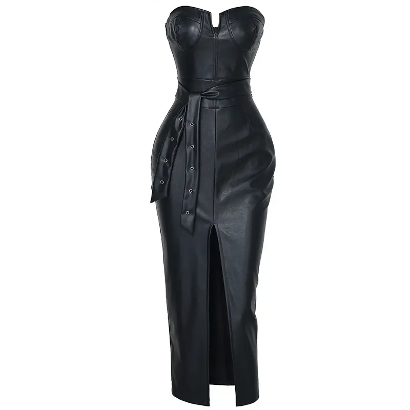 Runwaylover E548 NEW kim style strpless faux leather sexy party dress