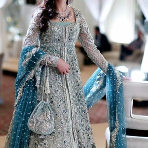 -ELEGANT--BRIDAL---LONG JACKET---WITH--LEHENGA-robe --- embellie en cristal perles de verre pierre pour mariage = 2021 - Product Image 1