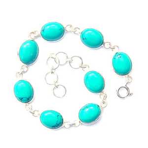 925 <b>Solid</b> Sterling <b>Silver</b> Genuine Indian Turquoise Smooth Oval Shape Gemstone <b>Bracelet</b> 8\" Long Gold Plated December Birthstone - Product Image 1