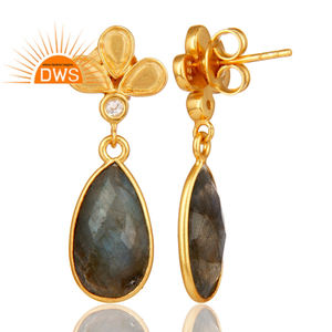 Belle 18k Plaqué Or Flashy Labradorite Cut Gemstone Sterling Silver Dangle Boucle D'oreille Bijoux Grossiste Collection Classique - Product Image 3