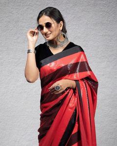Designer Fantaisie Indien Sari La Plus Tendance Parti Porter Rouge Noir Couleur Leheriya Georgette Saree Séquence Broderie Travail Pas Cher Taux - Product Image 3