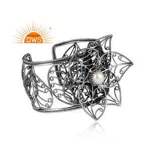 Fleur Design Solide 925 Argent Manchette Faite À La Main Bracelet Femmes Bijoux Blanc Naturel Perle Gemme Manchette Bijoux Fournisseur - Product Image 2
