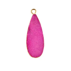 Jewelry Finding Supplies Natural Pink Sugar Druzy Pear Shape Connector Gold Plated Single Bail Leaf Pendant Connector Jewelry