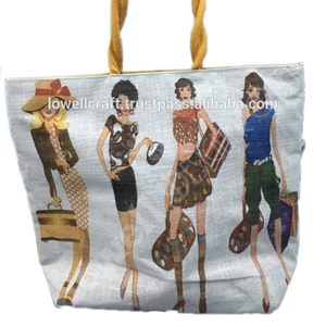 Jute Shopping <b>Bag</b> with Geometric Pattern Mini Size Rope Handle Daily Use Lowellcraft JBB05631 - Product Image 1
