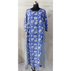 Indian Block Print Trenddy Cotton Spring Casual Handmade Designer Robe tunique longue au sol avec double bouton en tissu - Product Image 1