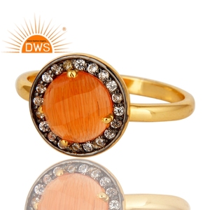 CZ Peach Moonstone Anillo de piedras preciosas Ronda Plata esterlina Chapado en oro Anillos de plata Fabricante Proveedor Colección vintage - Product Image 2