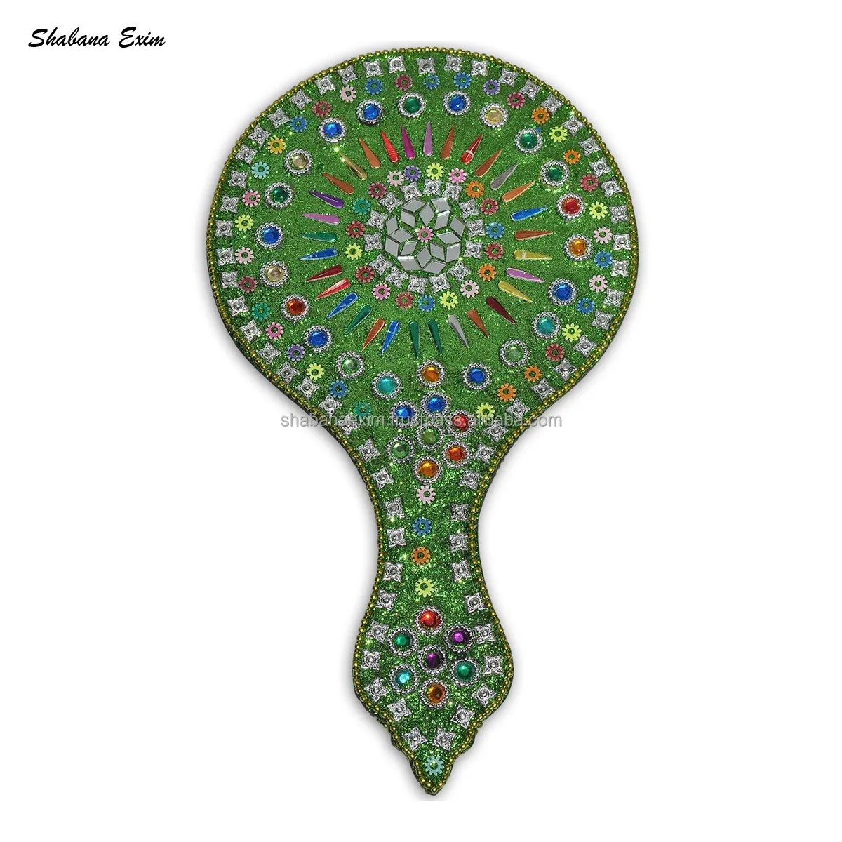 High Quality Beautiful Design Green Glitter Multi Beaded Work Hand Held Makeup Mirror from Indian Manufacturer