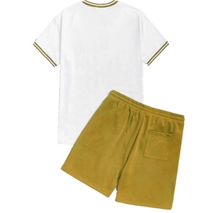 Conjunto personalizado informal de 2 piezas para hombre, camiseta a rayas con estampado de letras, pantalones cortos con cordón, técnica bordada, hombro caído, sólido - Product Image 4