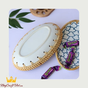 Exportateur en vrac du Vietnam pendaison de crémaillère présente en céramique et rotin tissé à la main plateau de service décor de Table stockage des aliments - Product Image 6