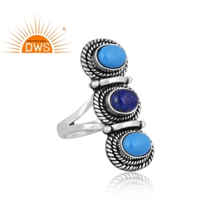 Último diseño plata esterlina oxidada lapislázuli natural y piedra preciosa turquesa anillo apilable joyería fabricante - Product Image 2