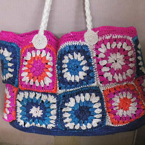 Bolso de Mano de Rafia Tejido a Crochet, Diseño de Patchwork Multicolor, Asas Dobles, Cierre Abierto, Flores Bordadas - Product Image 1
