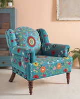 Fauteuil d'appoint moderne en coton bleu brodé fait main, avec dossier ailé, rembourré, en mousse écologique, pour OEM et personnalisation