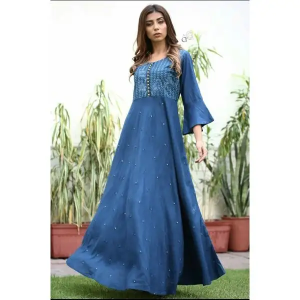 Grosir tradisional wanita Anarkali menyala katun etnis bordir tunik pakaian kasual Kurti pakaian wanita musim panas biru panjang