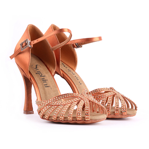 Deep Tan <span class=keywords><strong>Satin</strong></span> dengan Desain Berlian Klasik Sepatu Salsa Wanita Hak Dansa <span class=keywords><strong>Latin</strong></span> Profesional Ujung Terbuka - Product Image 4