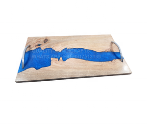 Grand plateau de service en résine époxy bois manga, avec poignées en métal, circuit de service robuste, plateau décoratif pour télévision - Product Image 2