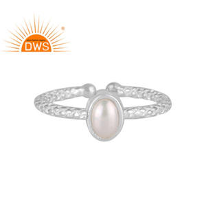 Oval Cut Natural White Pearl Gemstone Adjustable Silver Ring Hand Hammered Textured Design Sterling Silver Ring Jewelry Supplier - Product Image 2