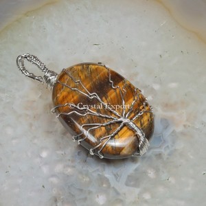 Wholesale Healing Stone Pendant Tiger Eye <b>Tree</b> Shape Wire Wrap Pendants - Product Image 1