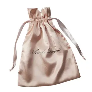 High Quality Gold Luxury Logo Printed Underwear Lingerie Packaging Satin Dust Bag Gift Packaging Drawstring Soft Satin Hair Bag