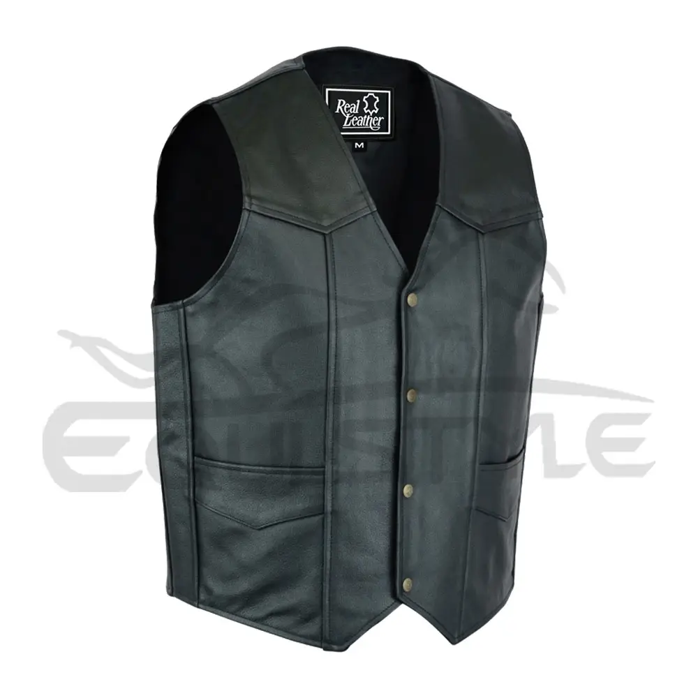 Black Leather Vest Genuine Cowhide Two Pockets Collarless Button Closure Waistcoat Personalized Logo Labels Custom Biker Vest