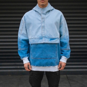 Chaqueta Vaquera Extra Grande para Hombre, 90% Algodón, 10% Poliéster, con Capucha, Cuello en V, Bolsillo Canguro, Cierre de Cremallera, Azul Wox J141, Ecológica - Product Image 2