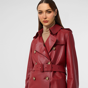 <b>Maroon</b> Colour <b>Top</b> Quality Real Leather Button & Belt Closure Unisex Trench Coat available in all Colours Made In Pakistan - Product Image 2