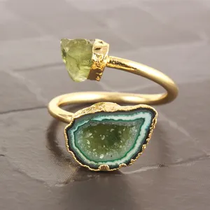 Luxury collection natural green geode druzy with raw peridot stone ring brass gold electroplated birthstone adjustable rings