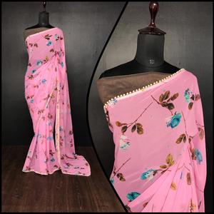 Vêtements pour femmes, tissu Georgette avec bordure en dentelle de perles et pièce assortie - Product Image 1