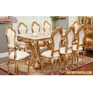 Italian White & Gold Luxury Dining Set Classic White Gold Dining Table Set Royal Dining Table Set at Wholesale Price