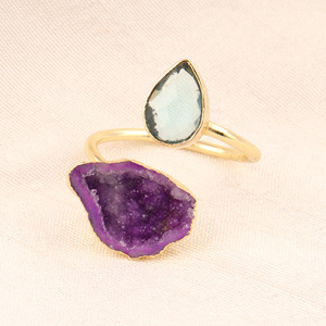 Bague à facettes couper en bleu ciel, quartz et violet, géode, druse, plaqué or/argent, doigt ouvert, double pierre, réglable, offre spéciale, collection - Product Image 4