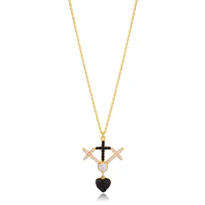 Unique Cross Design Black and White Zirconia Charm Pendant Necklace Turkish 925 Sterling Silver Jewelry