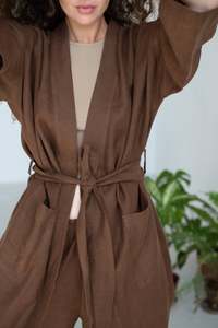 Nouveau Bohème Lin trois pièces Avec 50% Coton crêpe brun solide à manches longues Tissu palazzo et veste robe en lin - Product Image 3