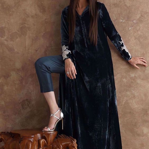 KAMEEZ — robe longue en velours, éblouissante, élégante, avec broderie sur les manches, robe de pantalon, pour vêtements de fête et mariage, nouvelle collection @ 2021 - Product Image 1