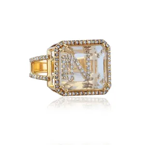 Cincin Inisial Pribadi, Kristal Batu Permata Pave Berlian Inisial N Cincin 14K Emas Kuning Hadiah Perhiasan Wanita Halus, Cincin Uniseks