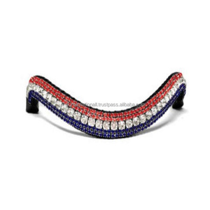 Bandes de front de cheval en cuir véritable faites à la main rouge bleu et blanc 5 rangées de chaînes en cristal bandes de front équestres de cheval en cuir - Product Image 1